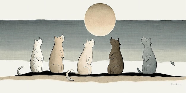 AI Generated Cartoon illustration of cats looking at moon Inspired by Jon Klassen AI Generative