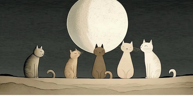 AI Generated Cartoon illustration of cats looking at moon Inspired by Jon Klassen AI Generative