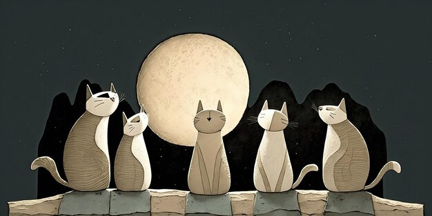 AI が生成した月を見ている猫の漫画イラスト Jon Klassen からインスピレーションを得た AI ジェネレーティブ