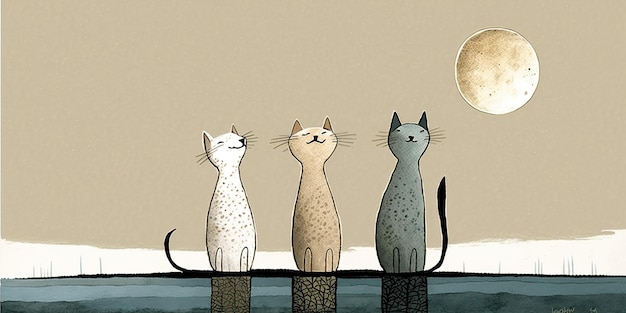 Foto ai generated cartoon illustrazione di gatti che guardano la luna ispirato da jon klassen ai generative