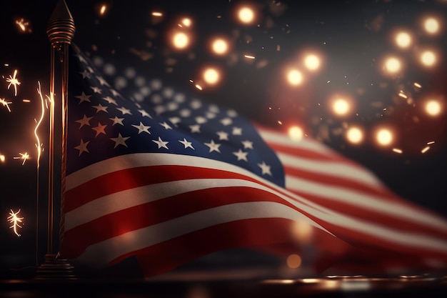 Fuochi d'artificio celebrativi generati dall'intelligenza artificiale sullo sfondo della bandiera americana durante il giorno dell'indipendenza degli stati uniti