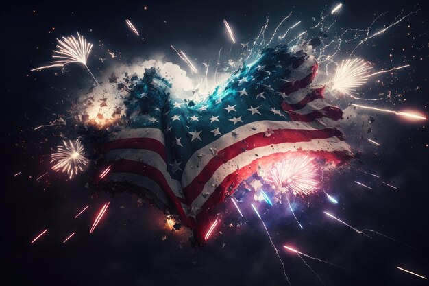 Foto fuochi d'artificio celebrativi generati dall'intelligenza artificiale sullo sfondo della bandiera americana durante il giorno dell'indipendenza degli stati uniti