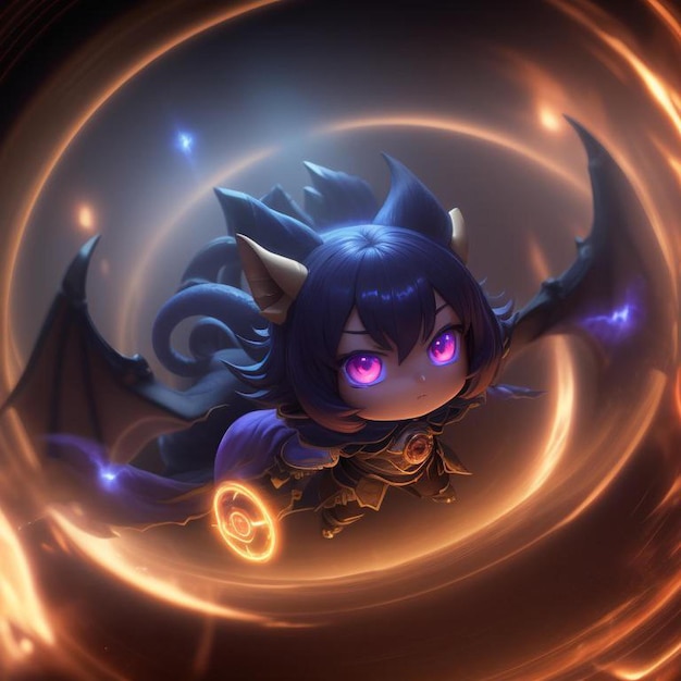 AI generated chibi anime shadow dragon girl casting magic spell