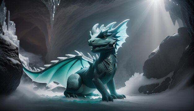 Photo ai generated chibi cute green dragon in an ice cave