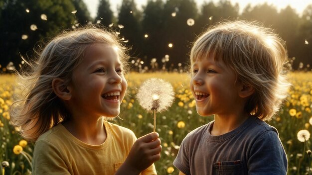 Photo ai generated childrens playtime in dandelion field on world children day