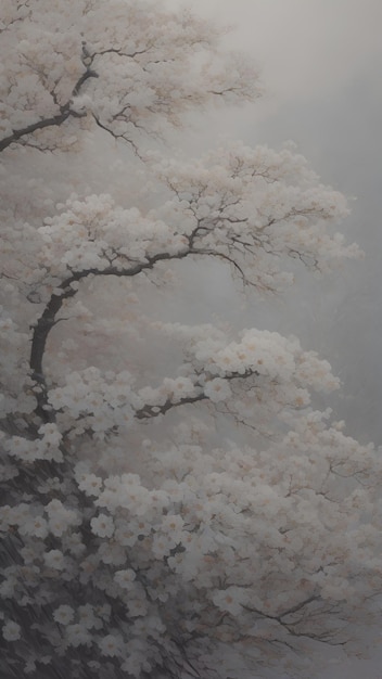 인공지능 (AI) 은 안개가 가득한 산에서 눈 꽃 나무의 중국 예술을 생성했습니다.