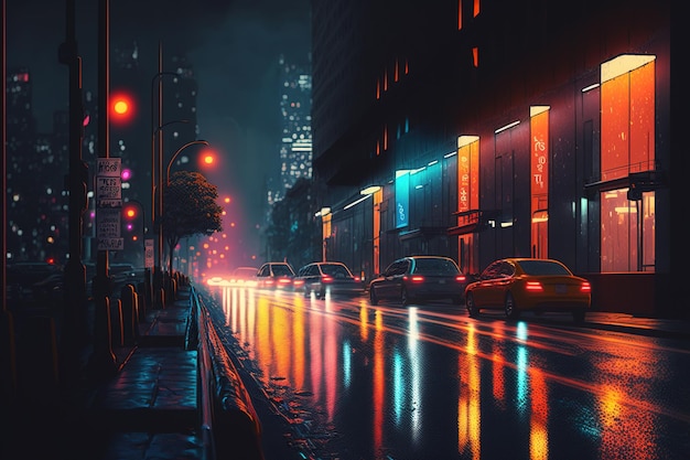 AI generated city night scene street cars