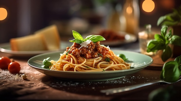 AI Generated Classic Italian Dish Al Dente Spaghetti with Flavorful Bolognese Sauce Rustic Table Set...