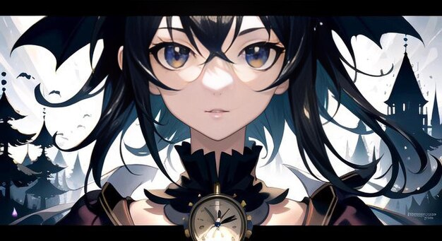 AI generated clockwork theme gothic anime girl with black turquoise hair and black dress