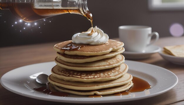 AI generated close up pouring of syrup to delicious pancake