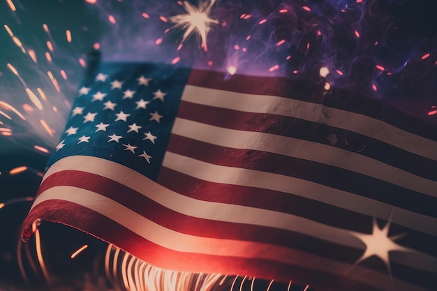 ИИ сгенерировал крупный план гранжевого винтажного темного американского флага, развевающегося ветром в День независимости США