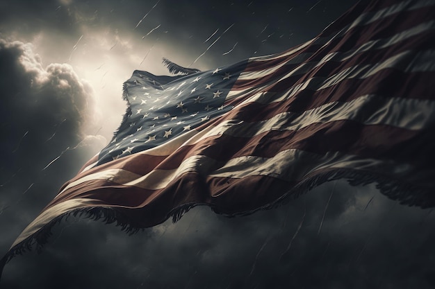 ИИ сгенерировал крупный план гранжевого винтажного темного американского флага, развевающегося ветром в День независимости США