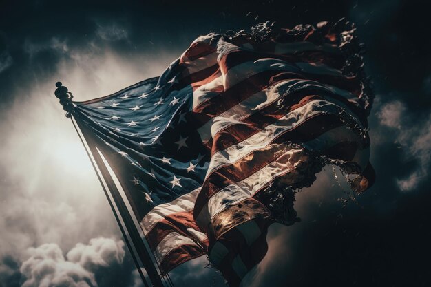 AI generated closeup of grunge vintage dark american flag blowing wind at USA independence day