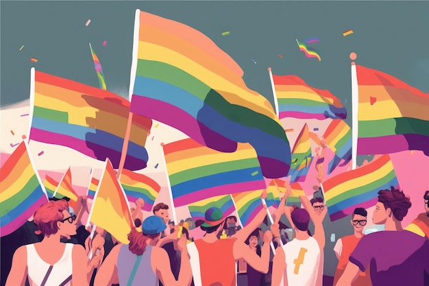 AI generated closeup rainbow flags of LGBT community blowing in wind at street of gay parade