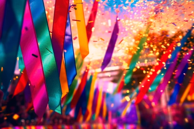 AI generated closeup rainbow flags of LGBT community blowing in wind at street of gay parade