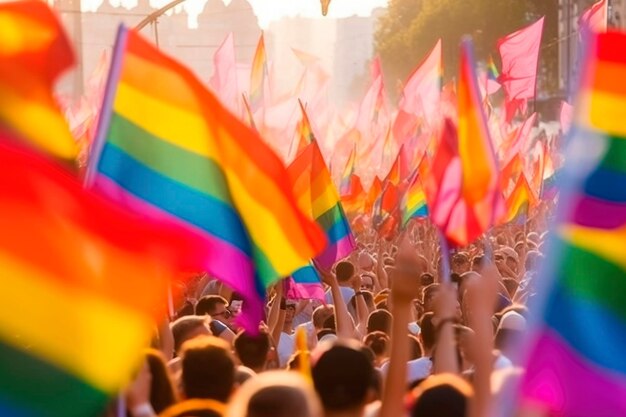 AI generated closeup rainbow flags of LGBT community blowing in wind at street of gay parade