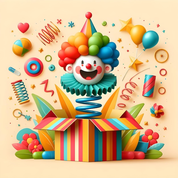 AI Generated Colorful Happy Minimalist Clown Popping Out of a Detailed Circus Box in a Hole in a Wal