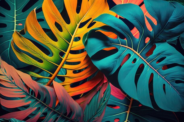 AI generated colorful leaves of monstera plant growing in wild tropical forest plant background