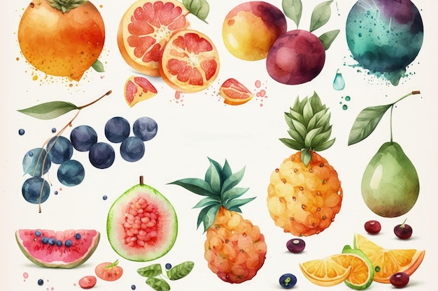 AI generated composition of fresh fruit painted in watercolor