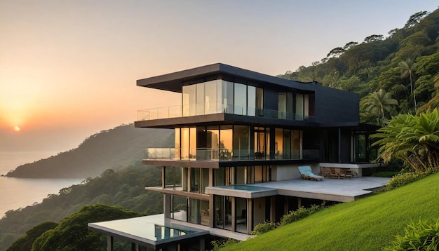 Ai generated Contemporary Black Villa in Misty Mountains