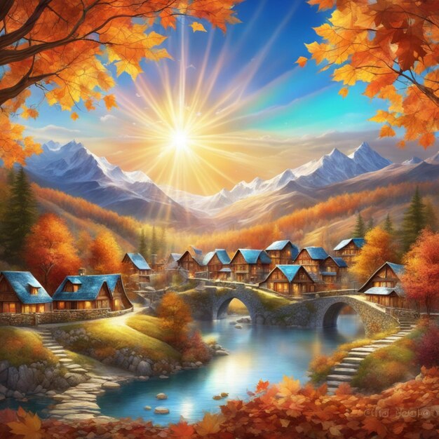 Ai генерирует контент Autumnal Splendor Mountain Village в осенний период