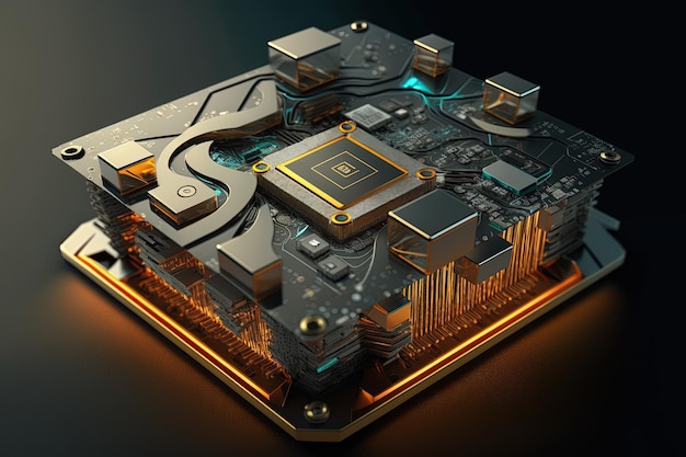 AI generated cryptocurrency technology background with chipset motherboard