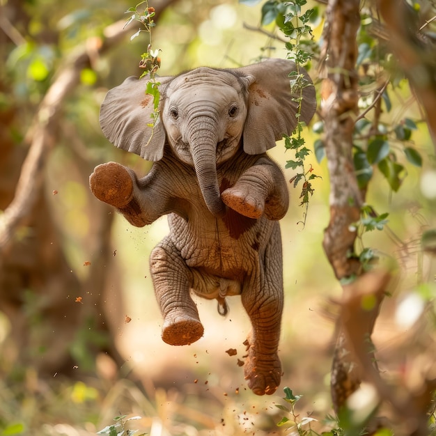 Foto l'ai ha generato un carino cucciolo di elefante che corre su due gambe nella giungla.