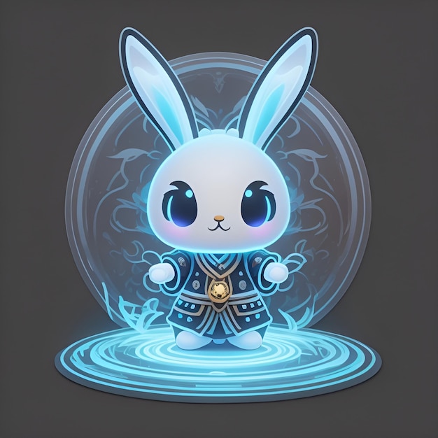 AI generated cute chibi bunny with blue glowing aura in sticker style