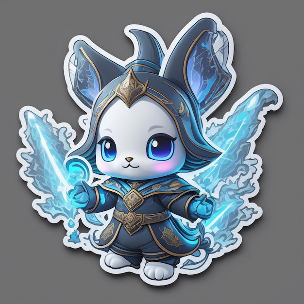 AI generated cute chibi bunny with blue glowing aura in sticker style