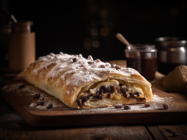 AI generated delicious traditional strudel on a wooden board decorated with berries