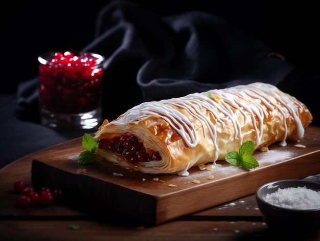 AI generated delicious traditional strudel on a wooden board decorated with berries