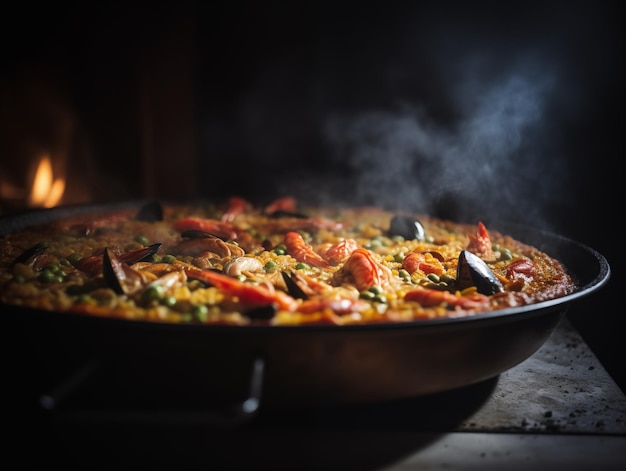 AI generated delicious traditional traditional paella in a frying pan