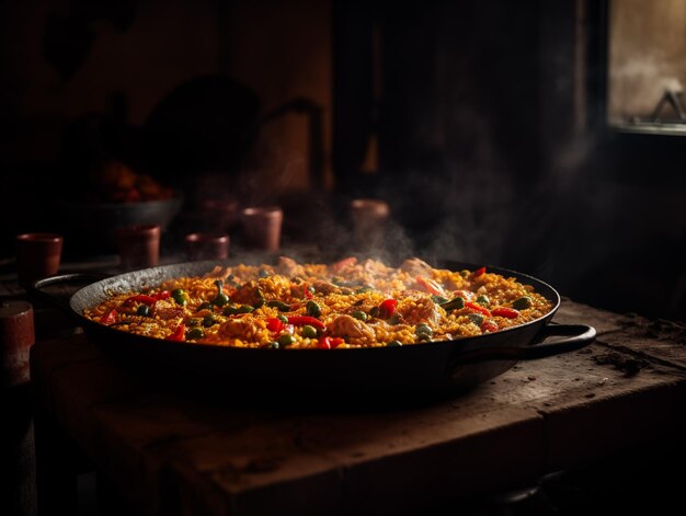 AI generated delicious traditional traditional paella in a frying pan