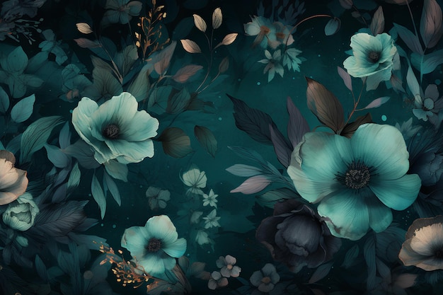 AI generated drawing of beautiful greenish flowers with leaves on a dark emerald background