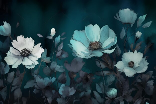 AI generated drawing of beautiful greenish flowers with leaves on a dark emerald background