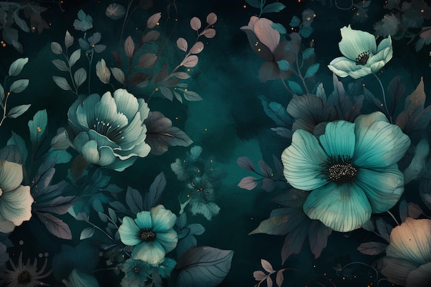 AI generated drawing of beautiful greenish flowers with leaves on a dark emerald background