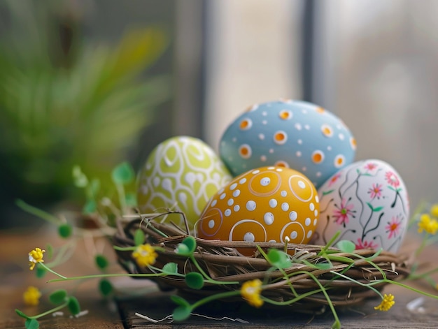 Photo ai generated easter decoration and painted colorful easter eggs