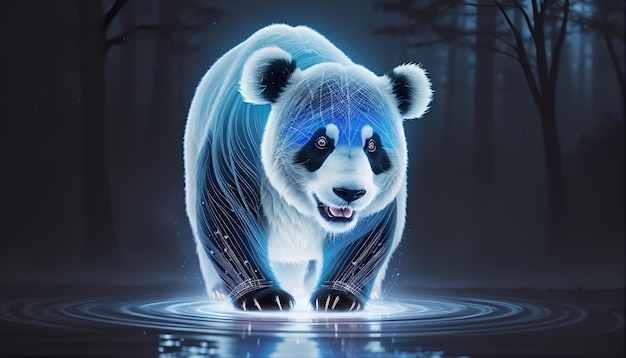 AI generated fantasy holographic panda bear in the forest