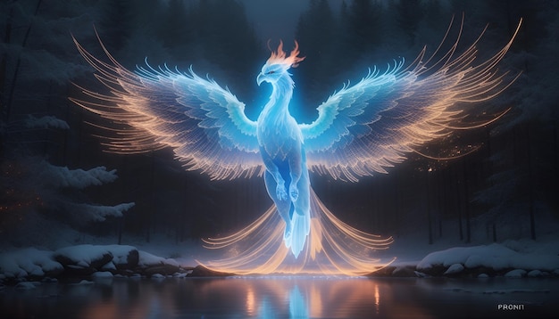 AI generated fantasy magical holographic phoenix in the forest