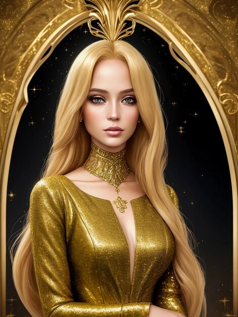 AI Generated fictional blond Girl in gold glittering dress on golden glitter background