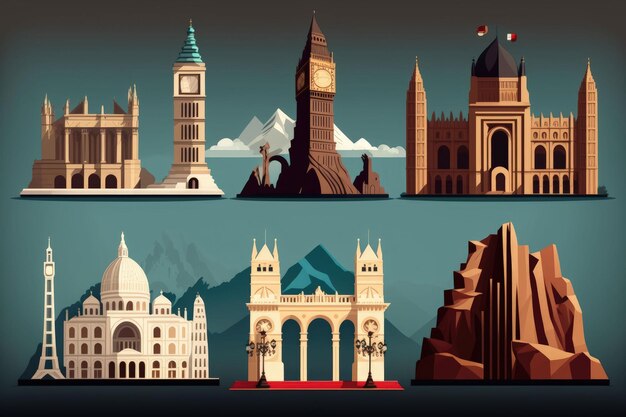 Photo ai generated flat wind landmarks of various countries