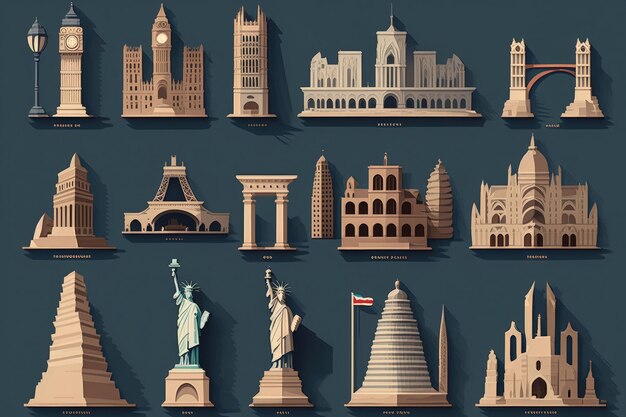 AI generated flat wind landmarks of various countries