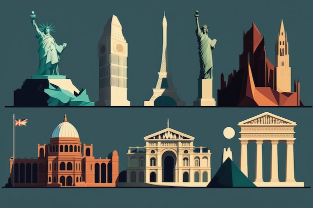 Photo ai generated flat wind landmarks of various countries