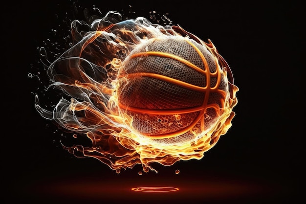 AI generated flying burning basketball in fire at black background