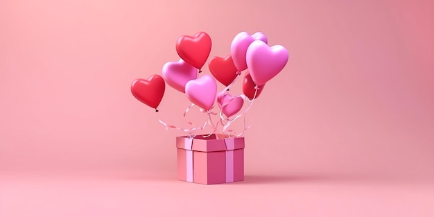 AI generated flying heart ballon with gift box in pink background Generative AI