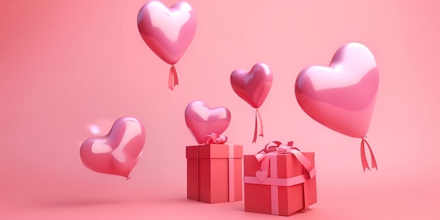 AI generated flying heart ballon with gift box in pink background Generative AI