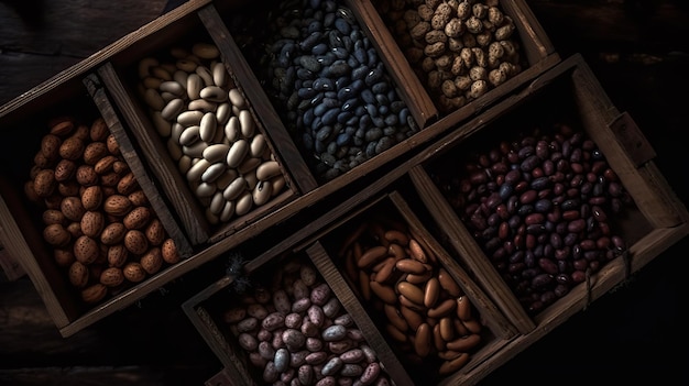 AI Generated Generative AI 나무 상자에 놓인 사실적인 다양한 콩