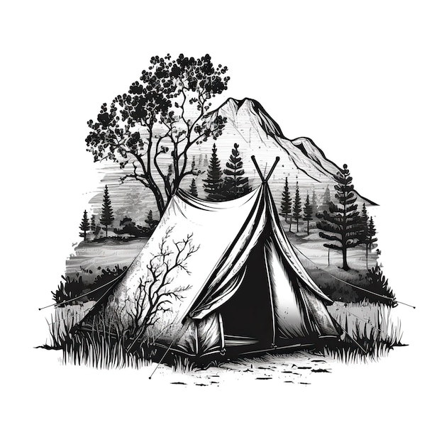 AI Generated Generative AI Vintage Retro camping tent in engraving style Adventure trip journy motivational poster Can be used for decoration and inspiration Graphic Art Illustration