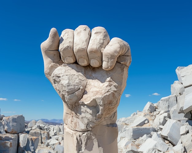 AI generated a giant hand with clenched fist carved in the rock in a quarry