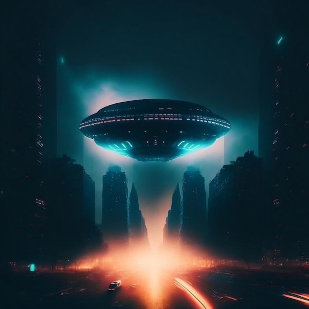 AI が都市のイラスト上を飛んでいる光る ufo を生成